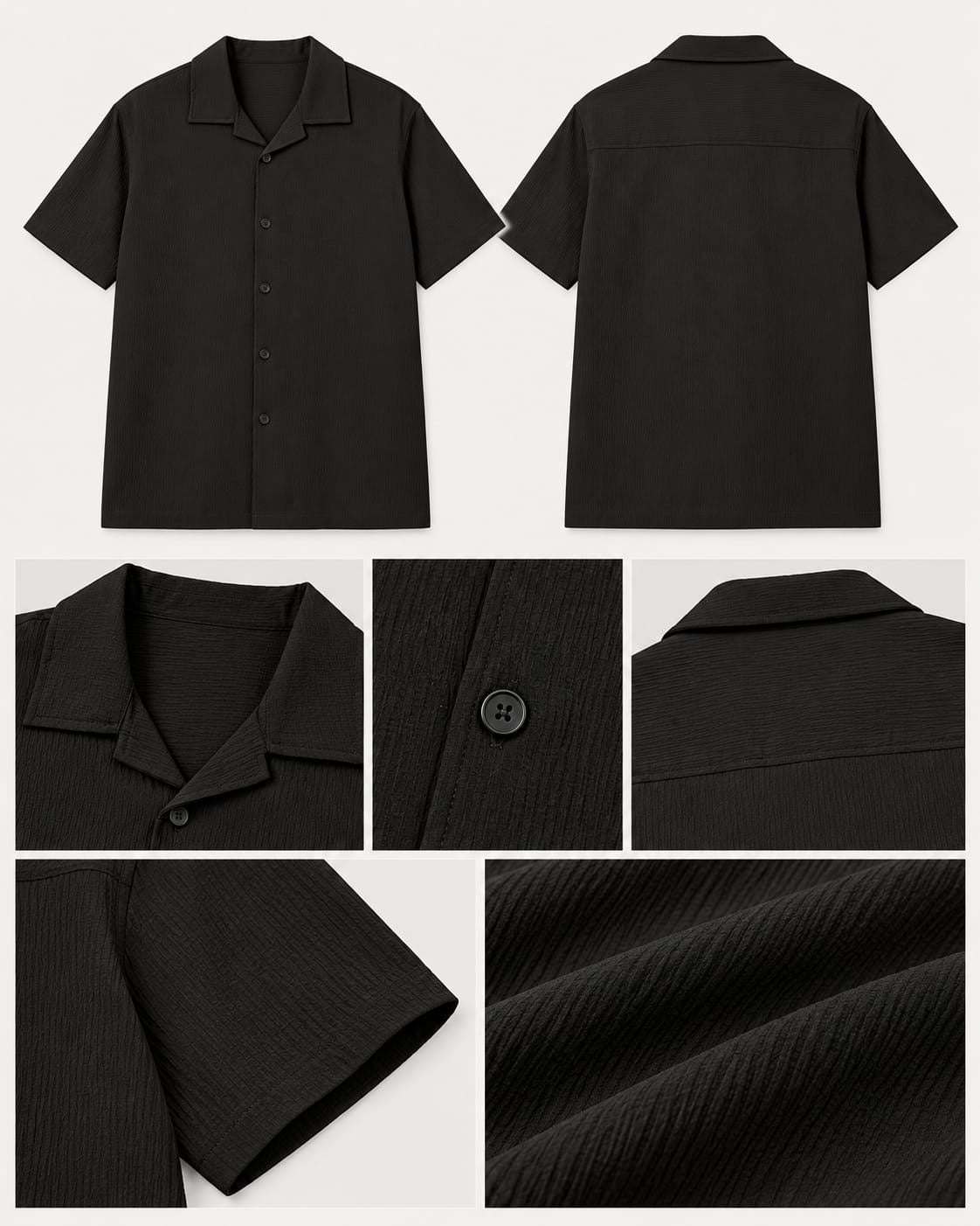 Textured Open-Collar Short Sleeve Shirt Black 4528