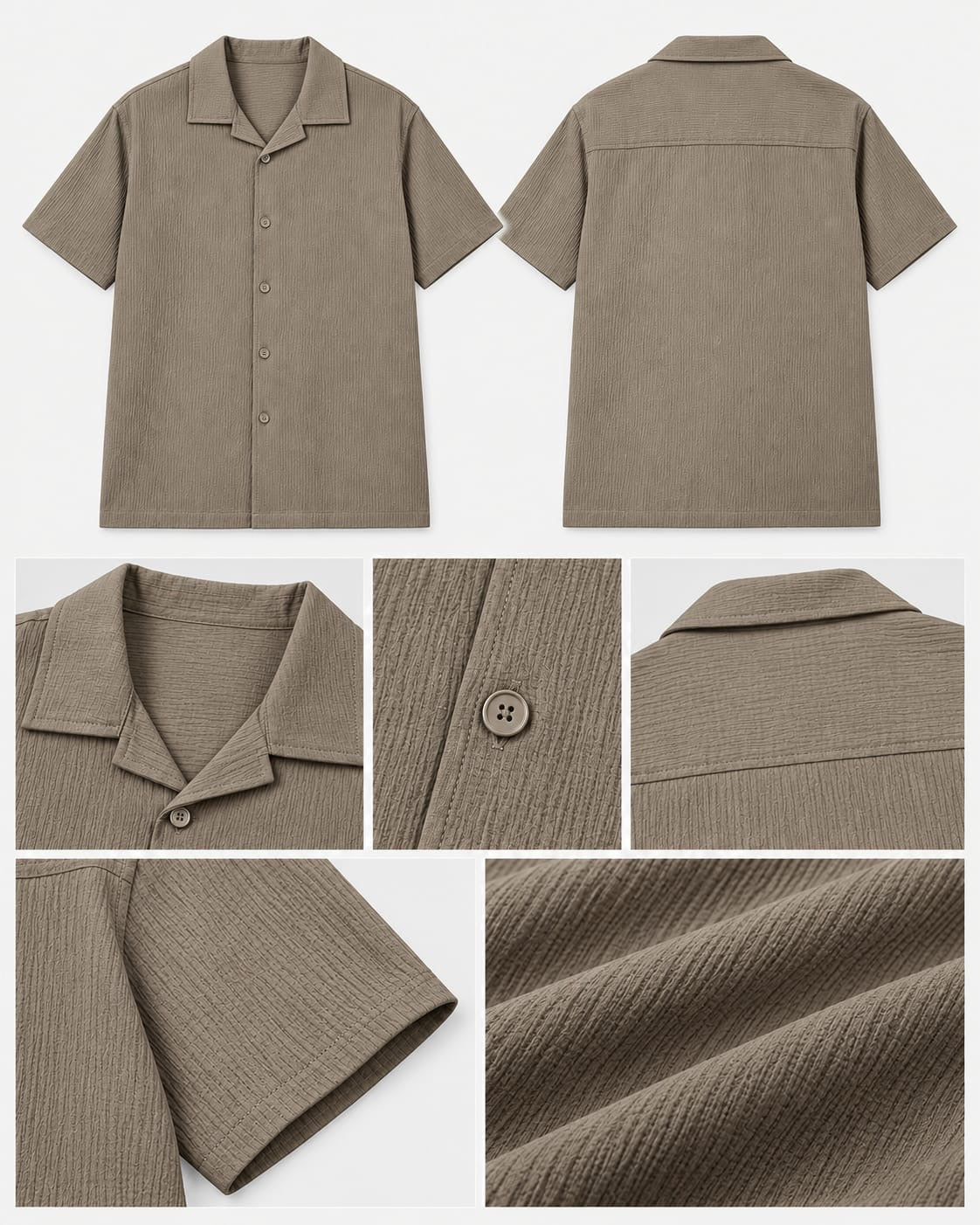 Textured Open-Collar Short Sleeve Shirt Khaki 4528