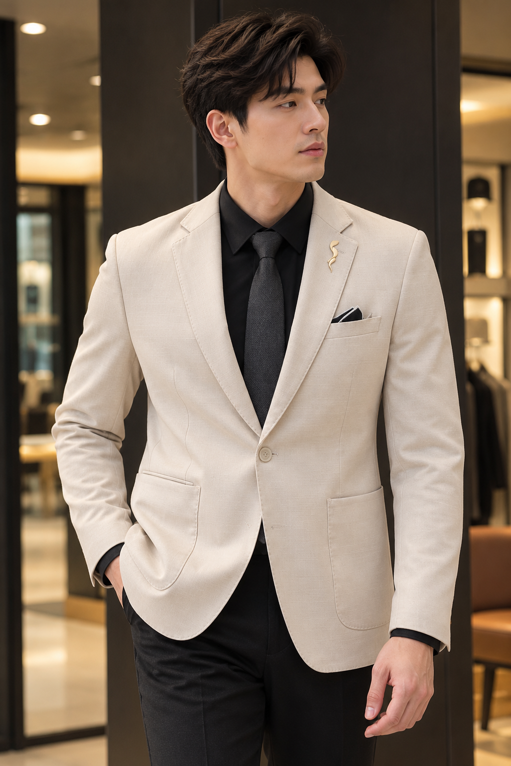 Men's Textured Checkered Blazer Beige 5068