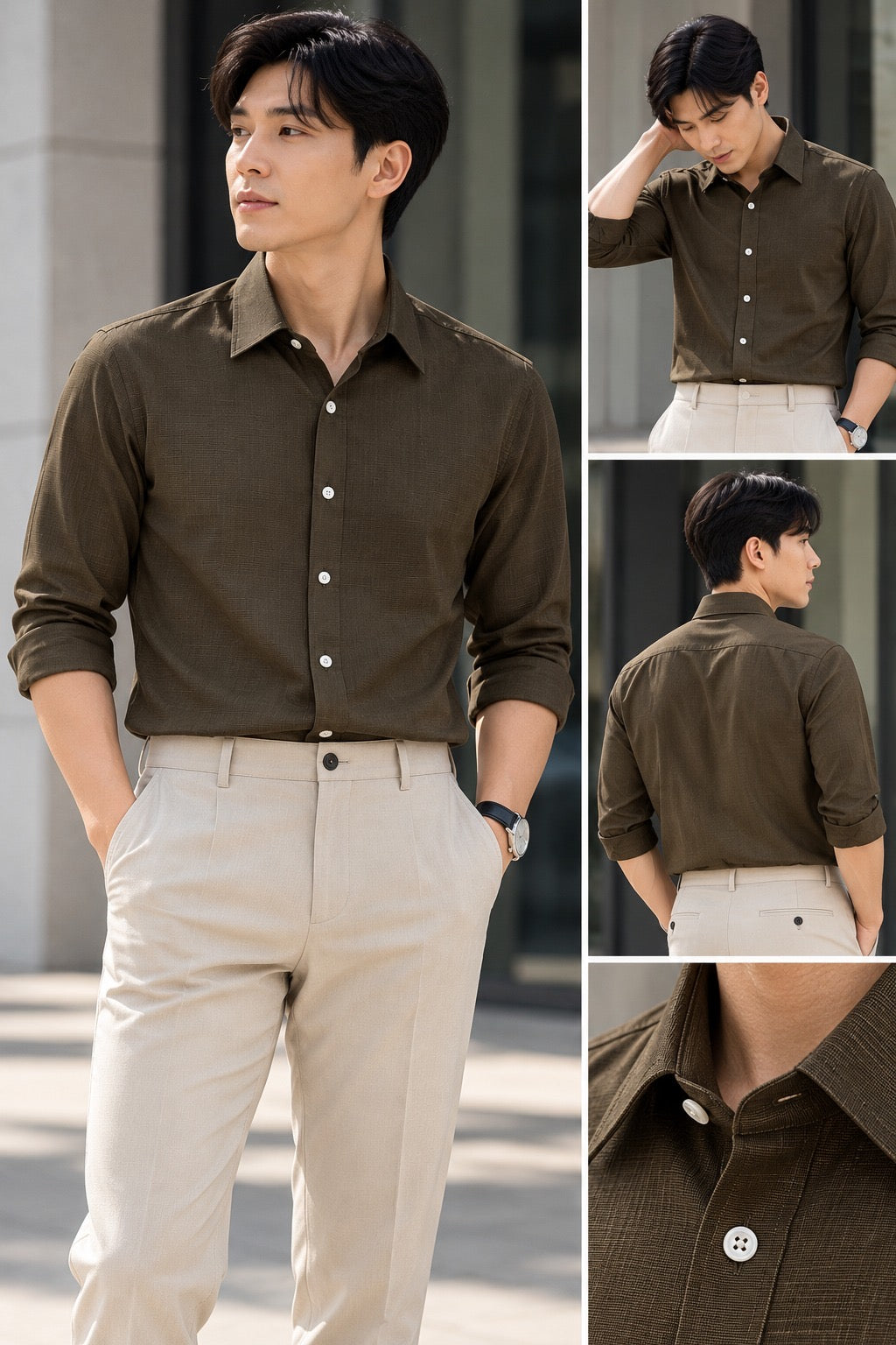 Linear Textured Long Sleeve Shirt Brown 6843