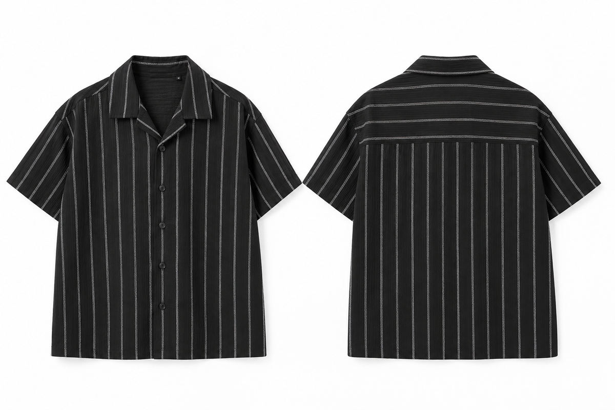 Oversized Textured Pinstripe Short Sleeve Shirt 4538