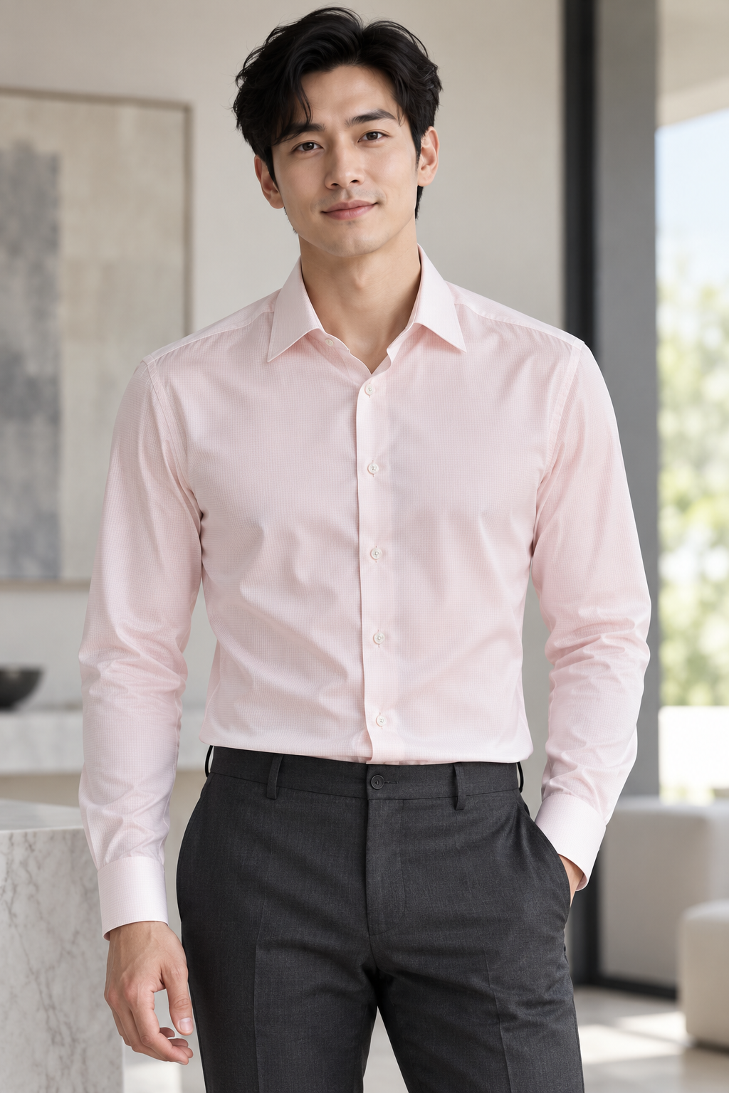 Textured Long Sleeve Shirt (Pink) 6845