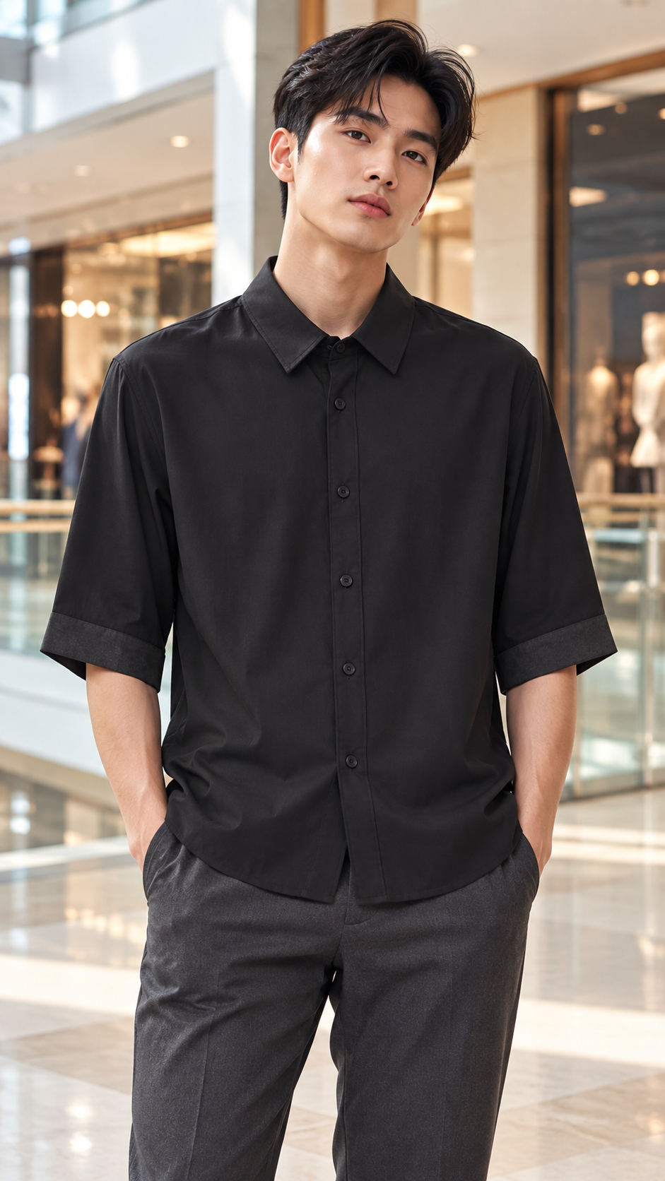 3/4-Sleeve Shirt Black – 1308