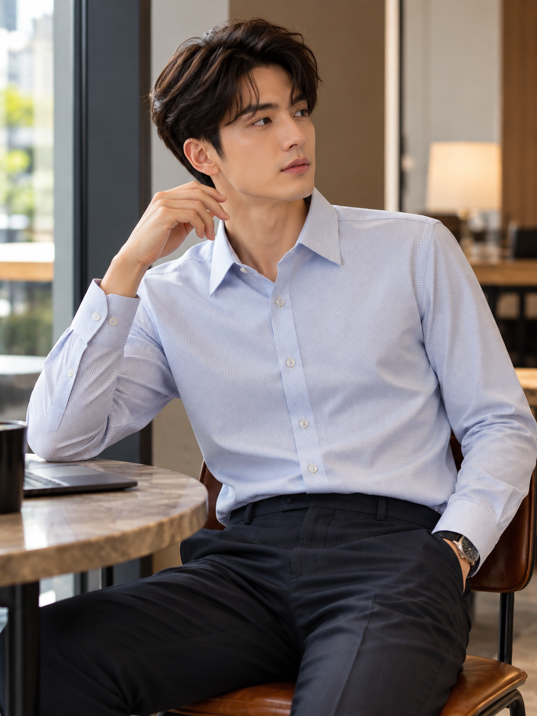 Textured Long Sleeve Shirt (Light Blue) 6845