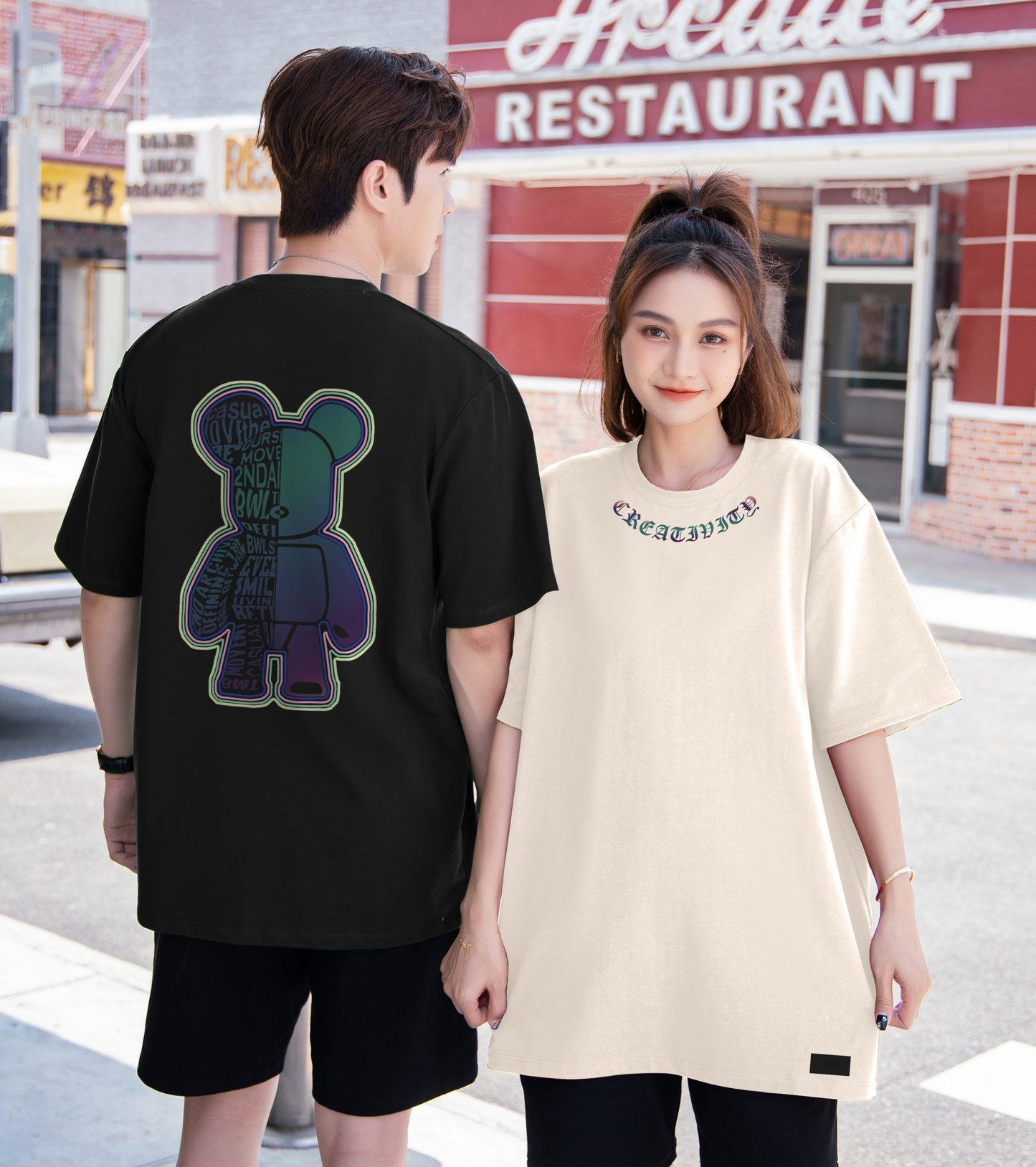 "CREATIVITY BEAR" Reflective Print Oversized Tee - 2855