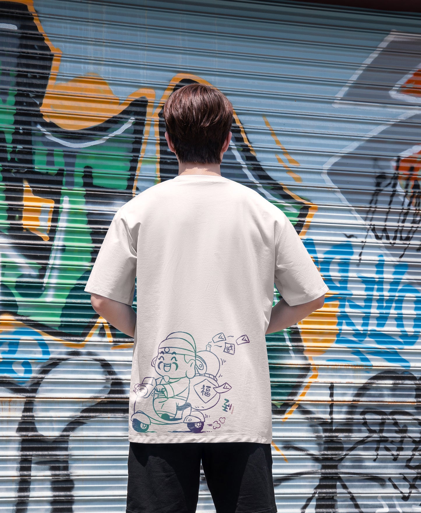 "福到" Reflective Print Oversized Tee - 2969