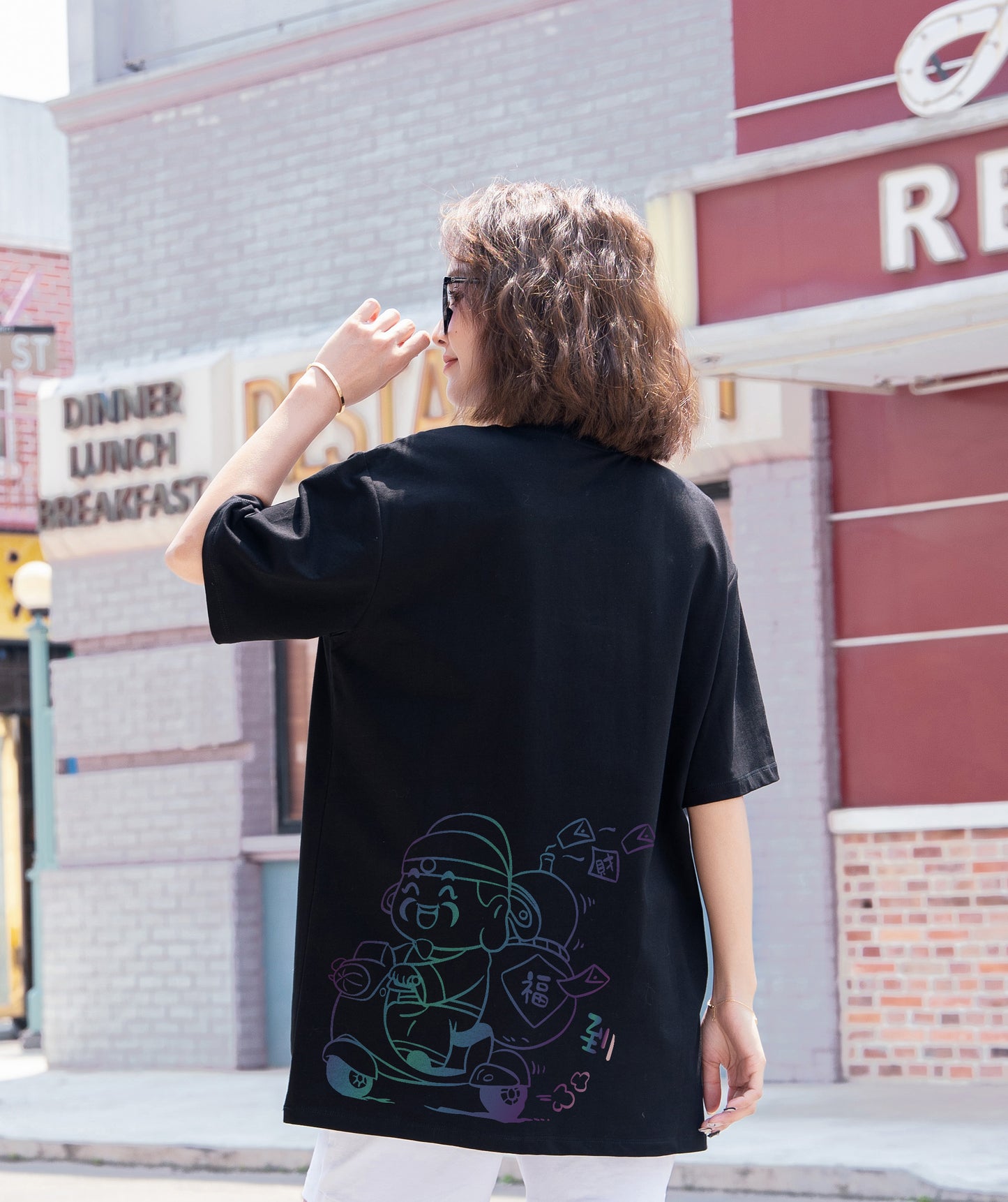 "福到" Reflective Print Oversized Tee - 2969