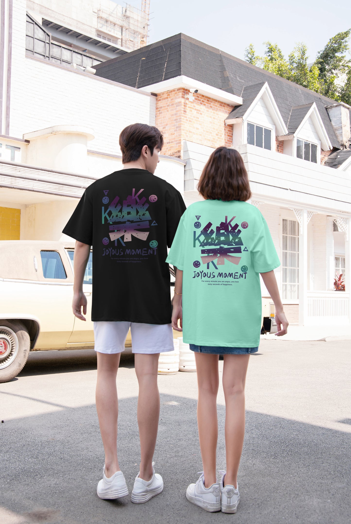 "JOYOUS MOMENT" Reflective Print Oversized Tee  - 2533