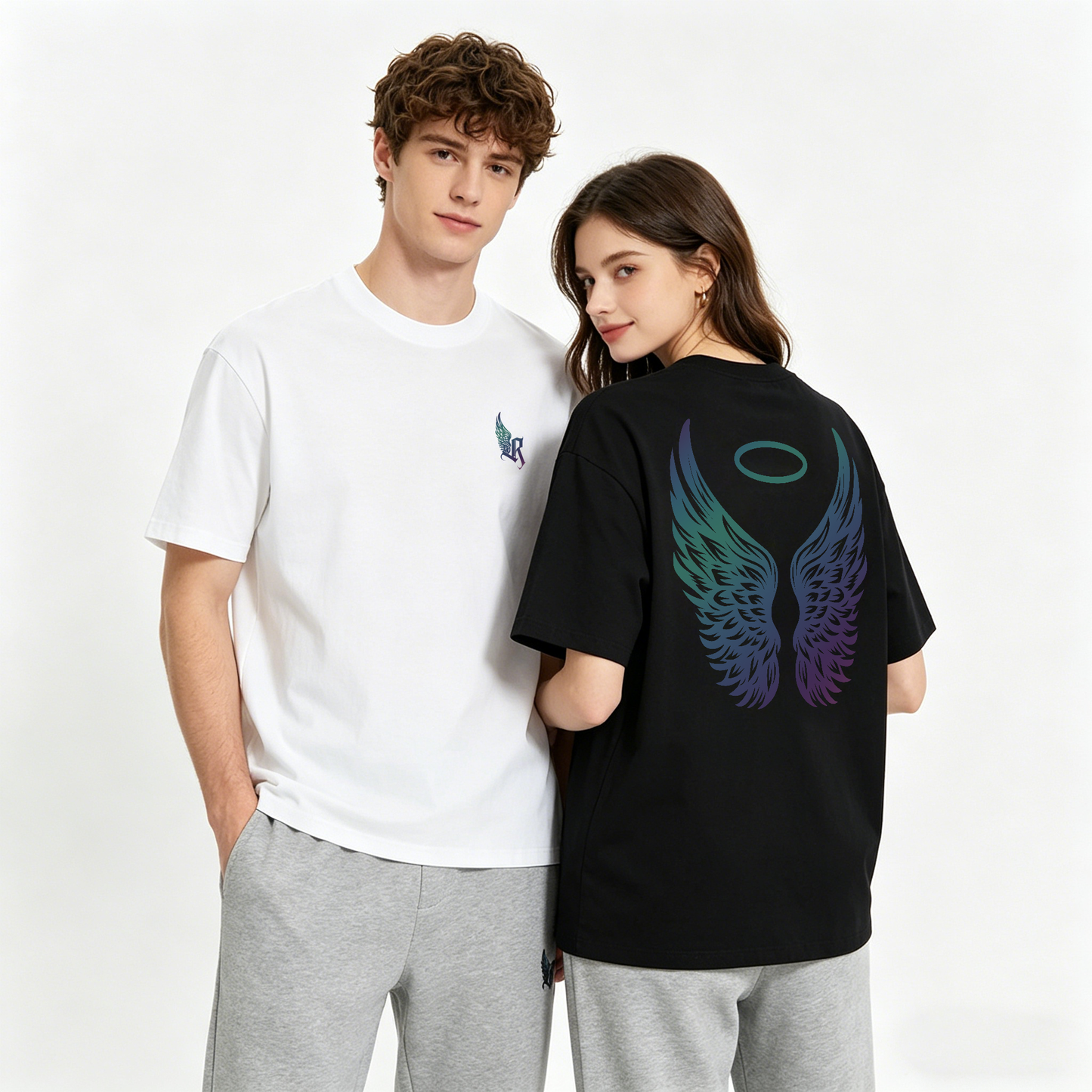 ”Angel-R" Reflective Print Oversized Tee -3799