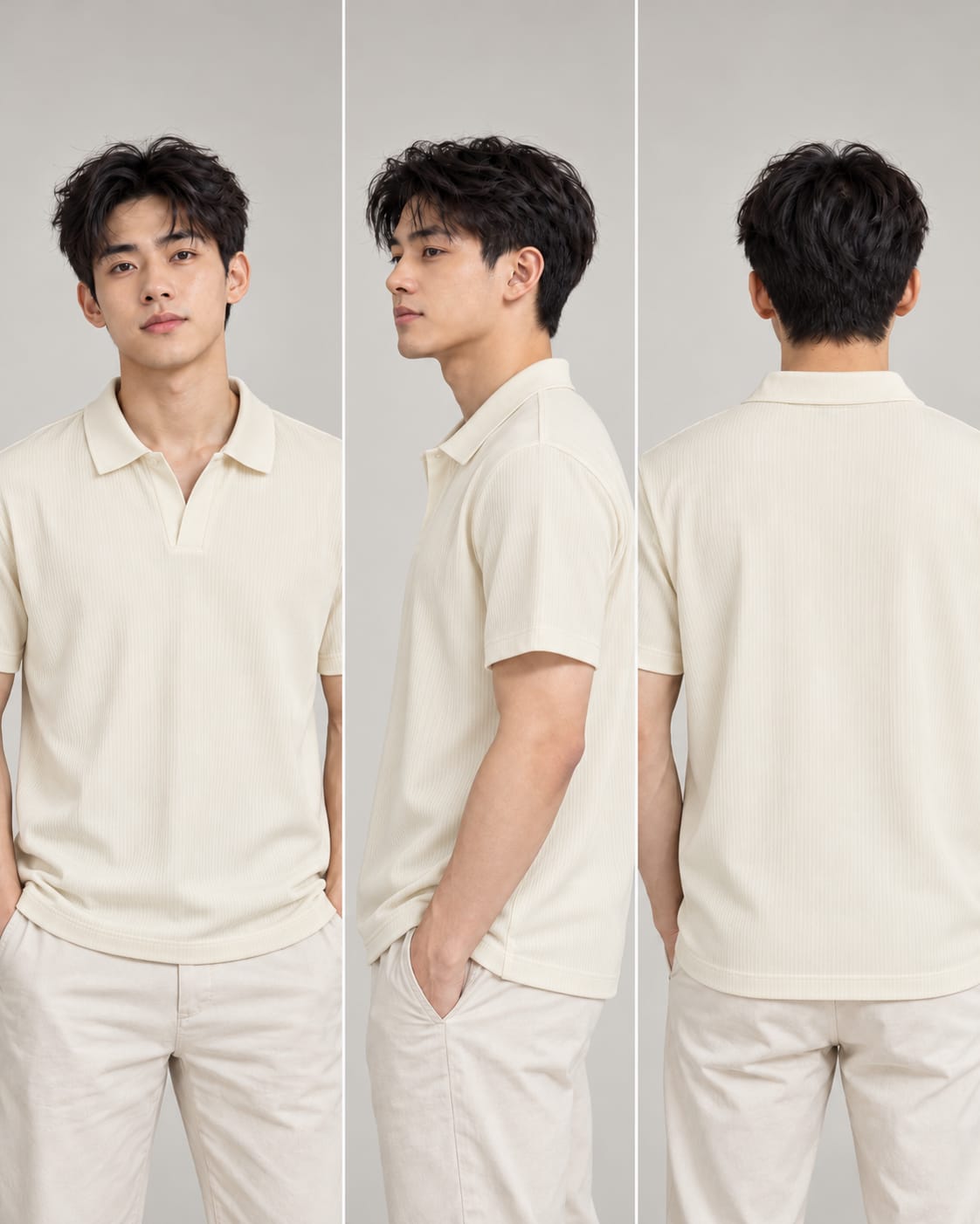 Textured Knit Open-Collar Polo Tee Apricot 4113