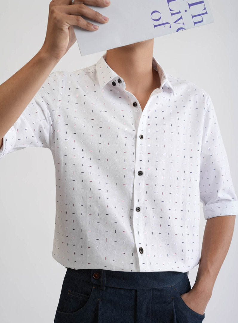 White 3/4-Sleeve Shirt with Pattern - Item 1042