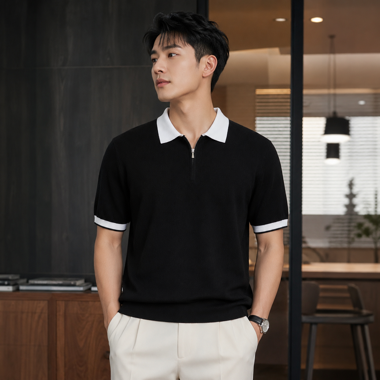 Contrast Collar Zip Knit Polo T-Shirt 41356