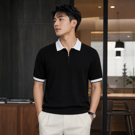 Contrast Collar Zip Knit Polo T-Shirt 41356
