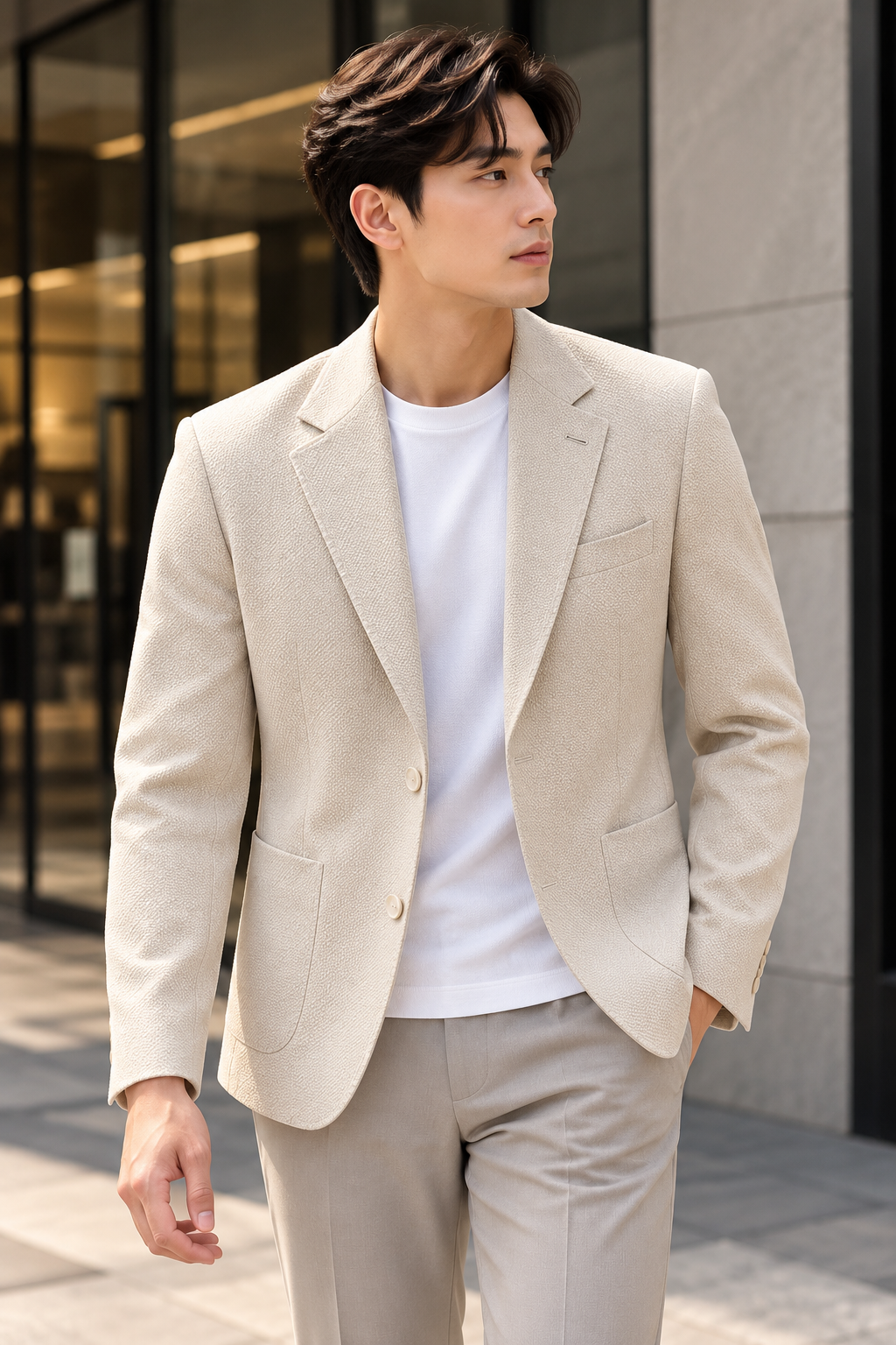 Men's Textured Checkered Blazer Beige 5103