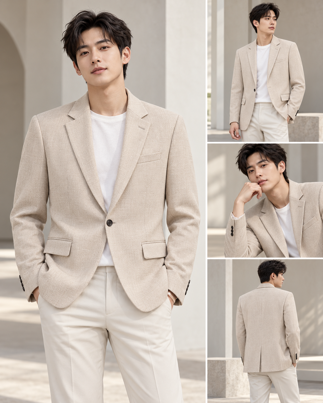 Men's Textured Checkered Blazer Beige 5064