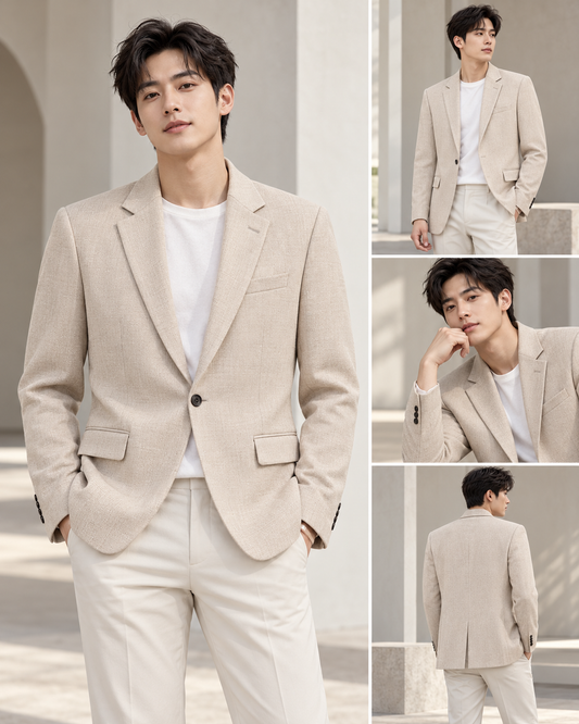 Men's Textured Checkered Blazer Beige 5064