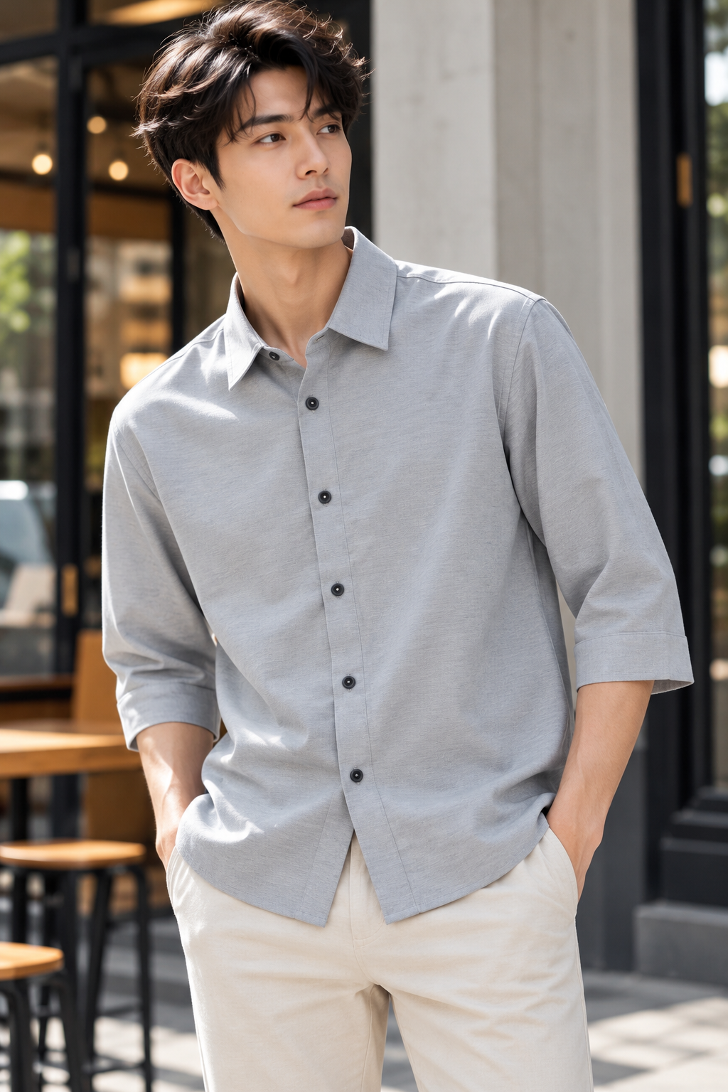Premium textured fabric 3/4-Sleeve Shirt– 1322 Light Blue