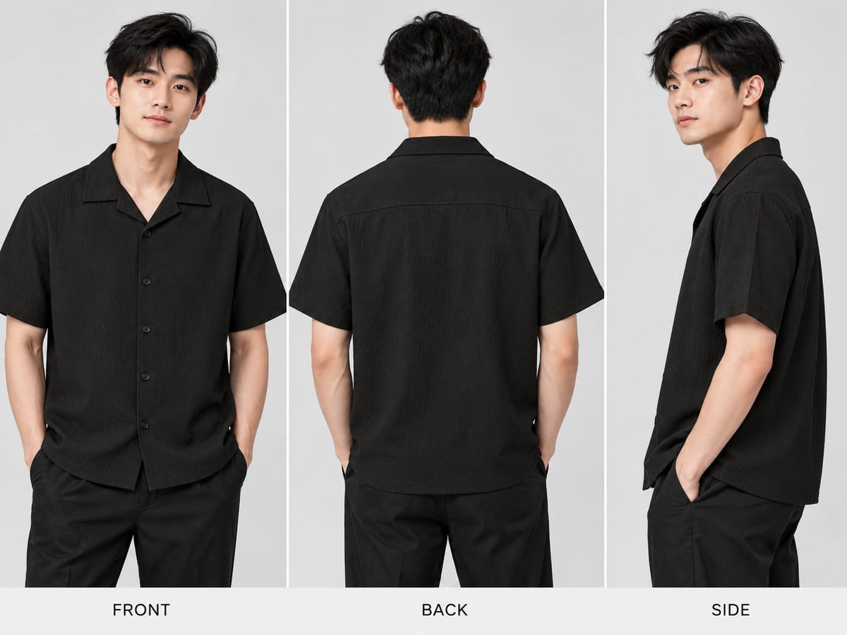 Textured Open-Collar Short Sleeve Shirt Black 4528