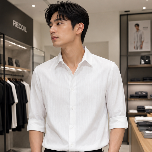 Luxe Herringbone 3/4-Sleeve Shirt – White