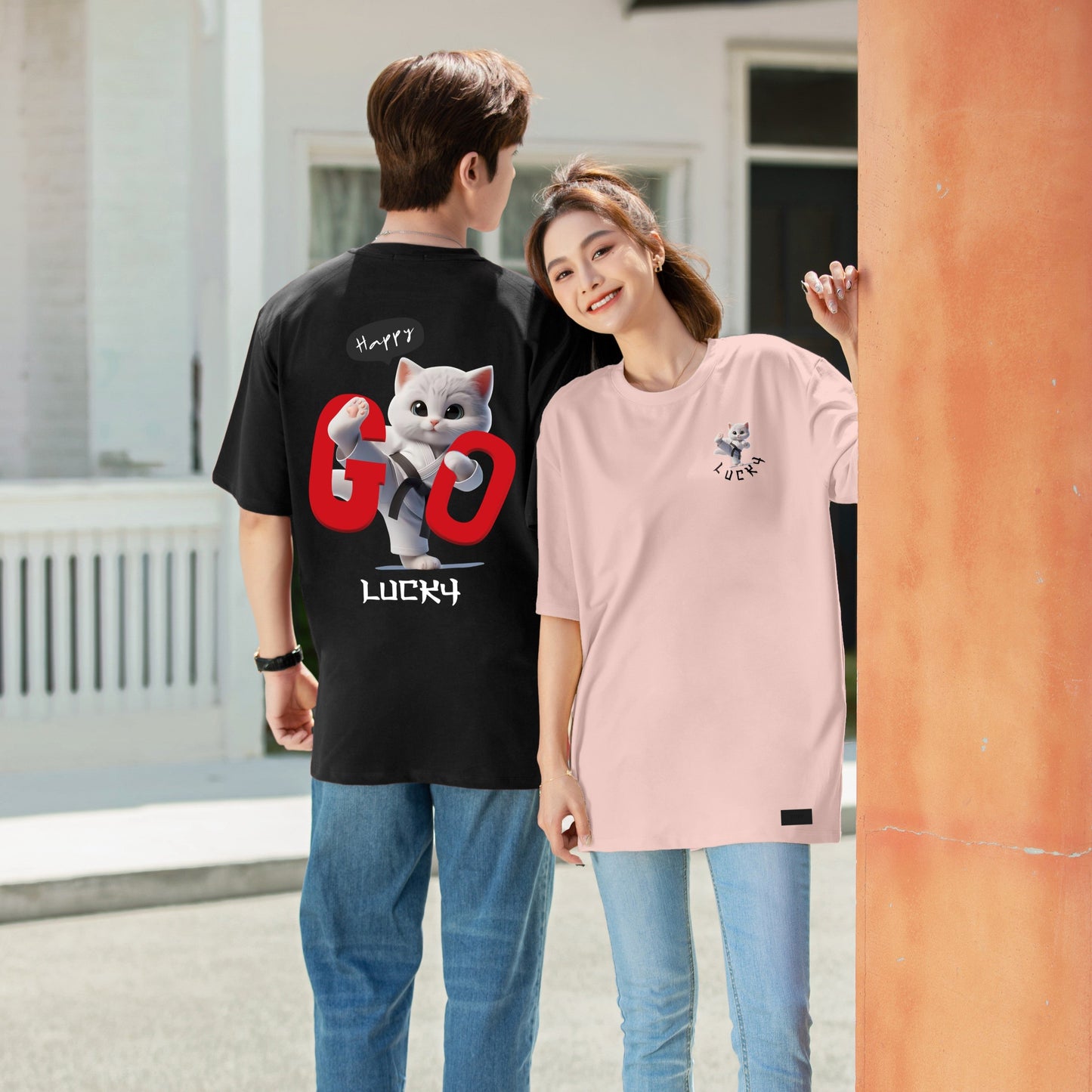 "Happy, Go, Lucky Cat" Oversized Tee - 2056