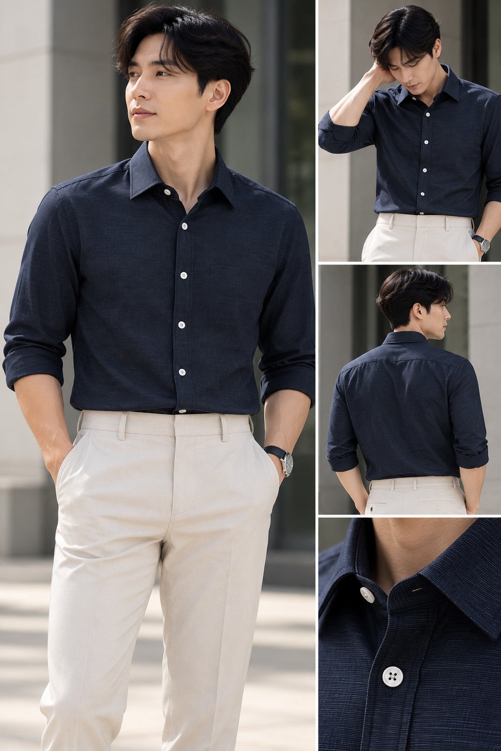 Linear Textured Long Sleeve Shirt Navy 6843
