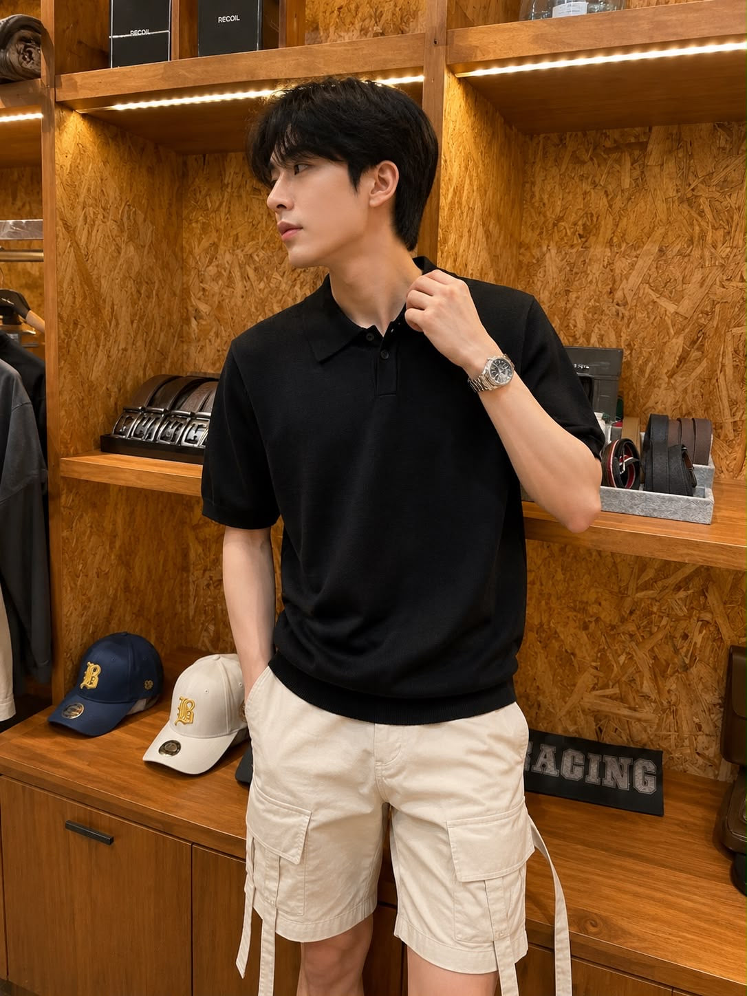 Black Ribbed Knit Polo T-Shirt 41280