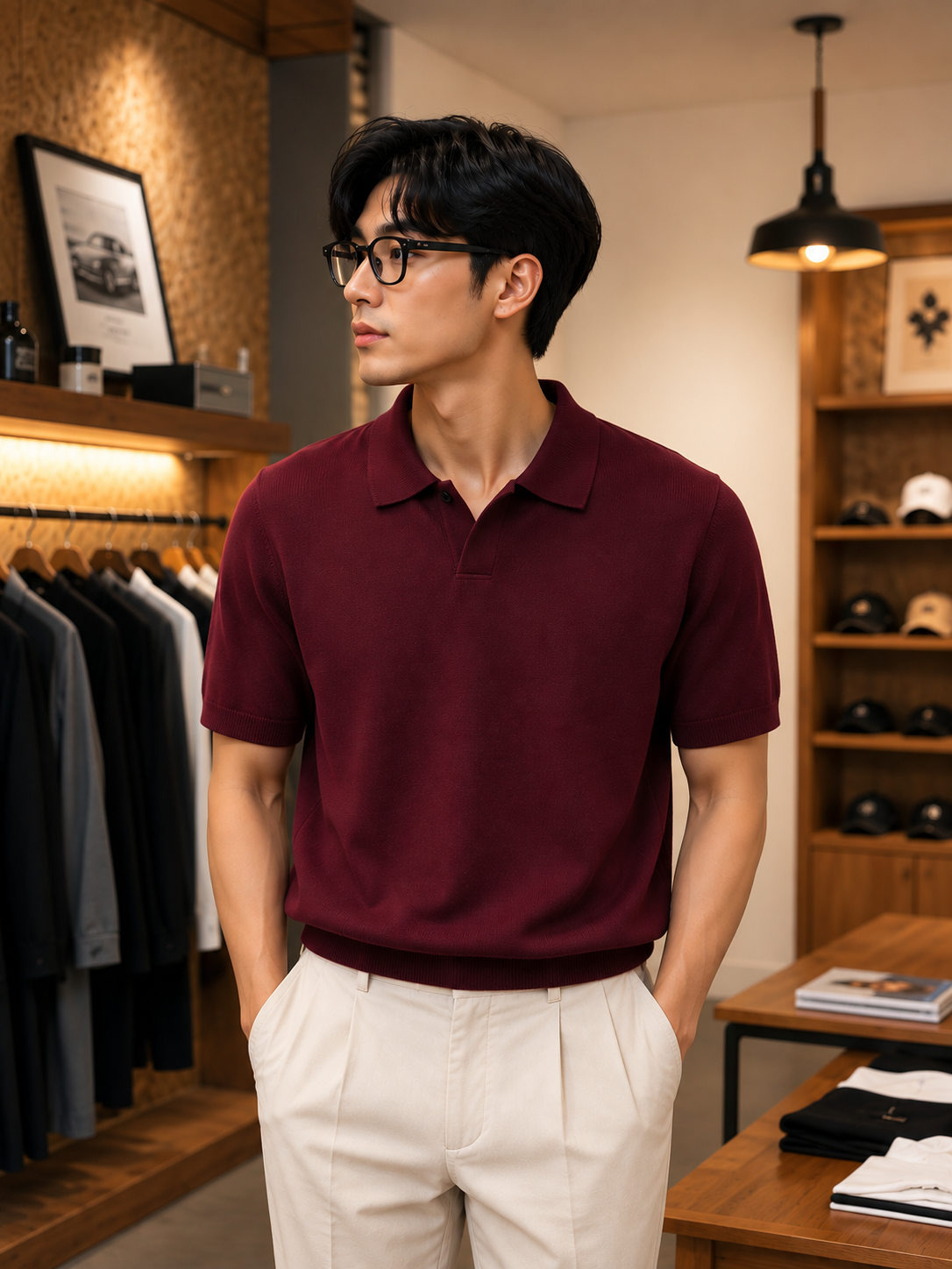 Maroon Ribbed Knit Polo T-Shirt 41280