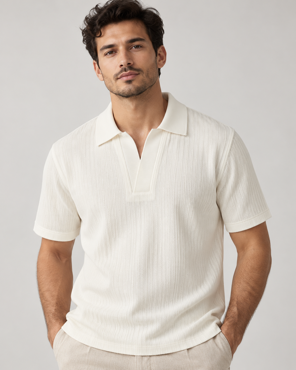 Textured Knit Open-Collar Polo Tee Apricot 4113