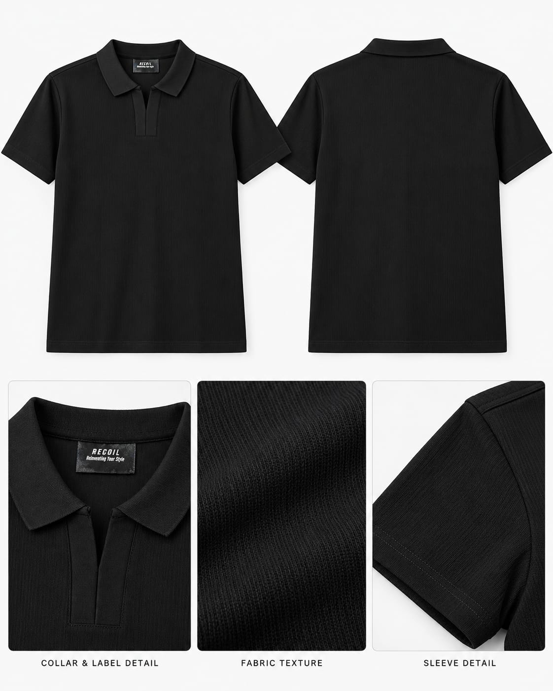 Textured Knit Open-Collar Polo Tee Black 4113