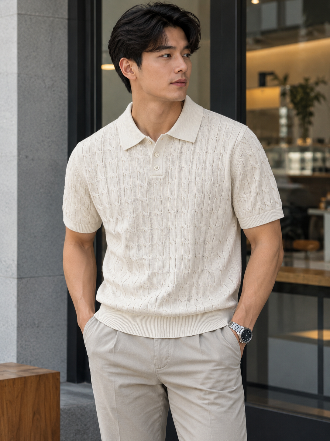 Classic Cable Knit Polo – Beige 41642