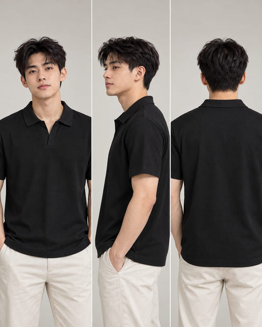 Textured Knit Open-Collar Polo Tee Black 4113