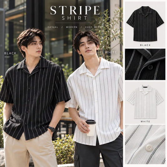 Oversized Textured Pinstripe Short Sleeve Shirt 4538