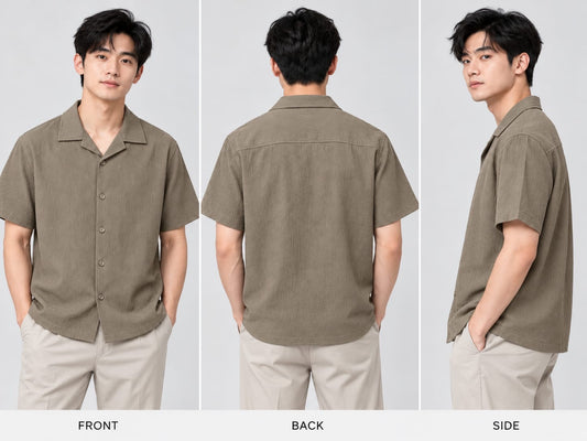 Textured Open-Collar Short Sleeve Shirt Khaki 4528