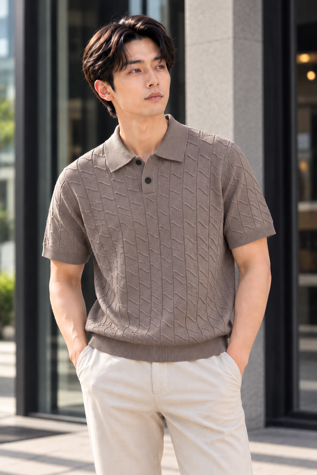 Premium Textured Knit Polo – BROWN 41667