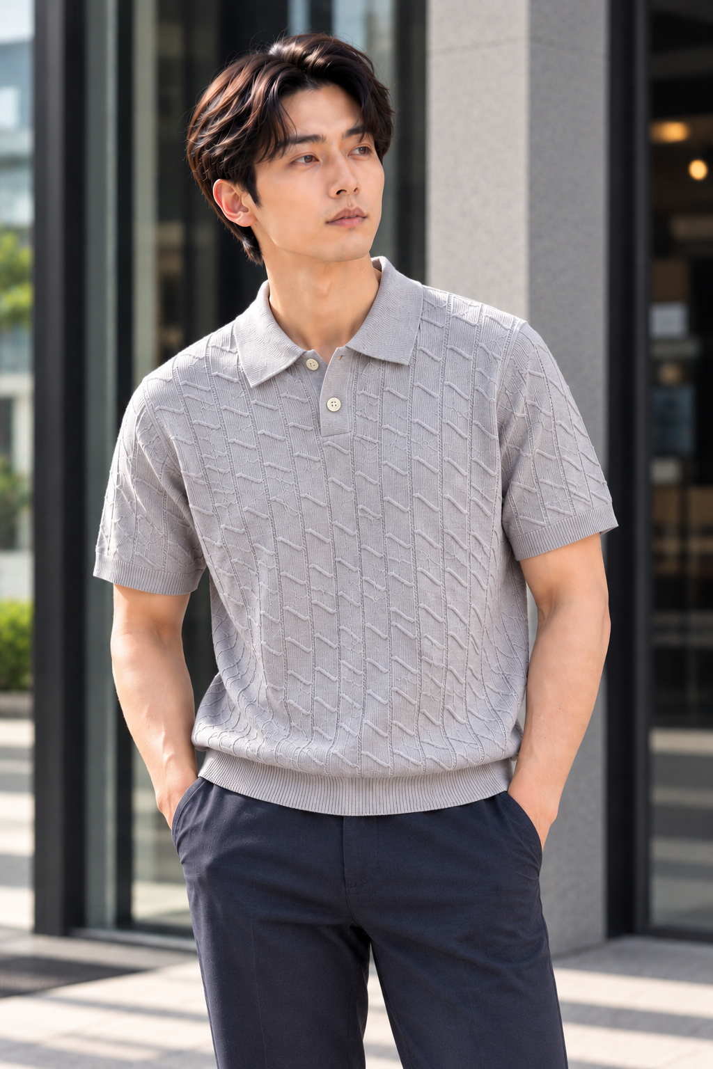 Premium Textured Knit Polo – GREY 41667