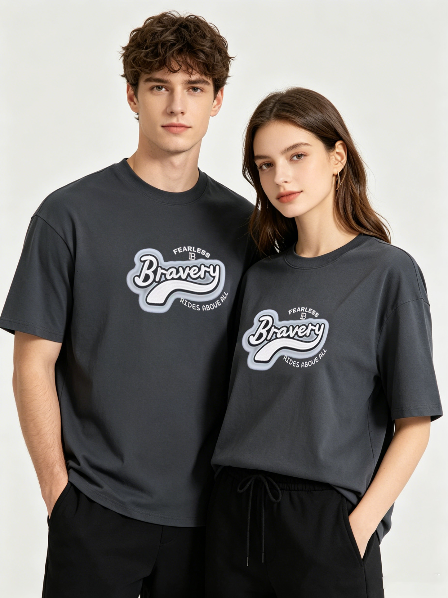 "Bravery" 3D High-Density Embroidery Oversized Tee - 3813