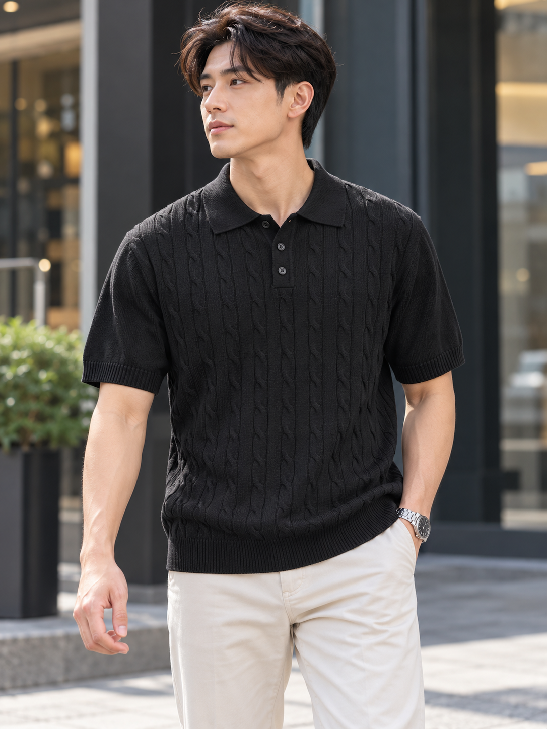 Classic Cable Knit Polo – Black 41642