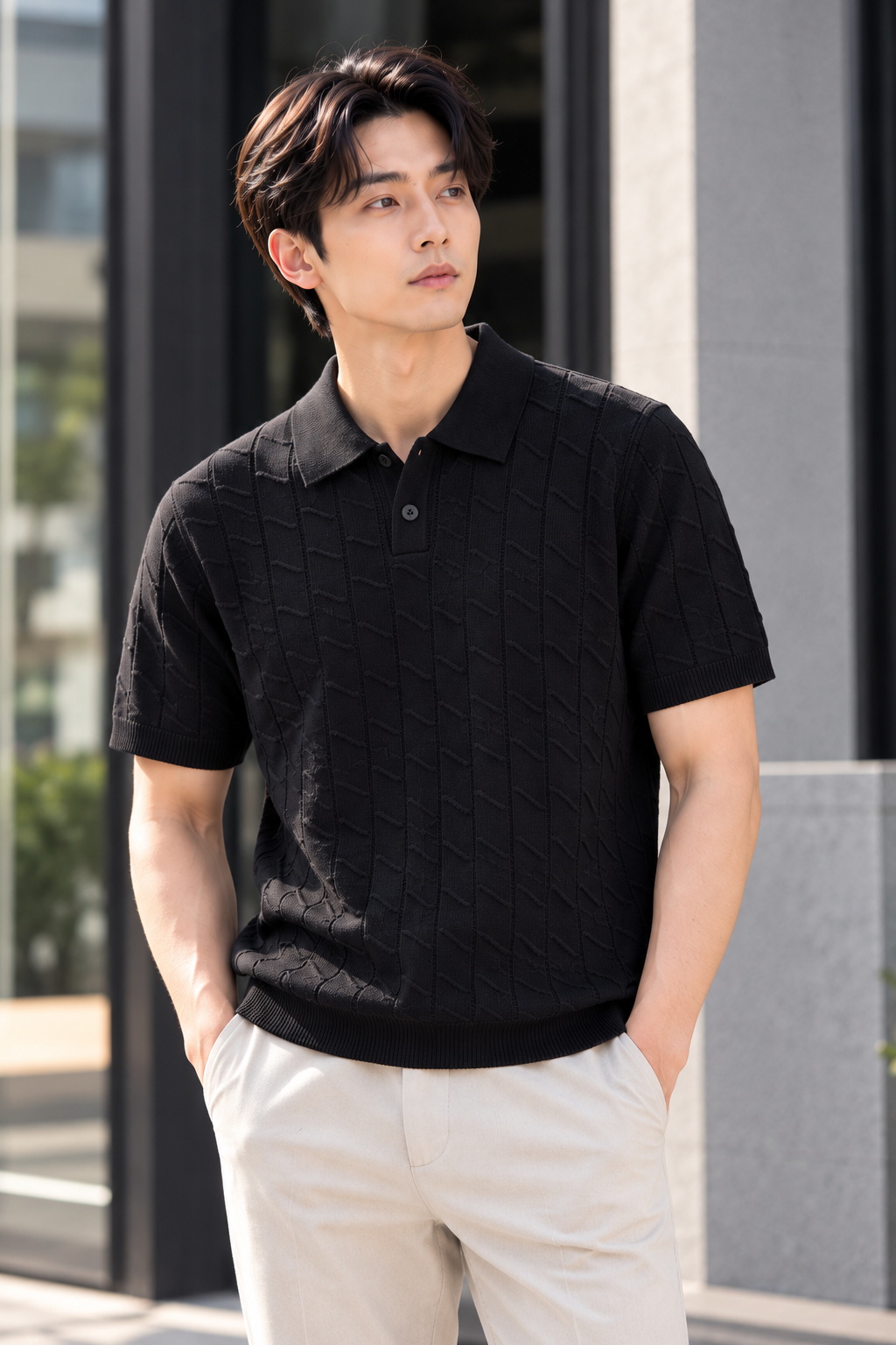 Premium Textured Knit Polo – Black 41667
