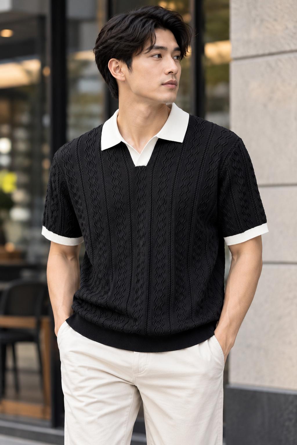 RECOIL Premium Cable-Knit Polo – Black 41190
