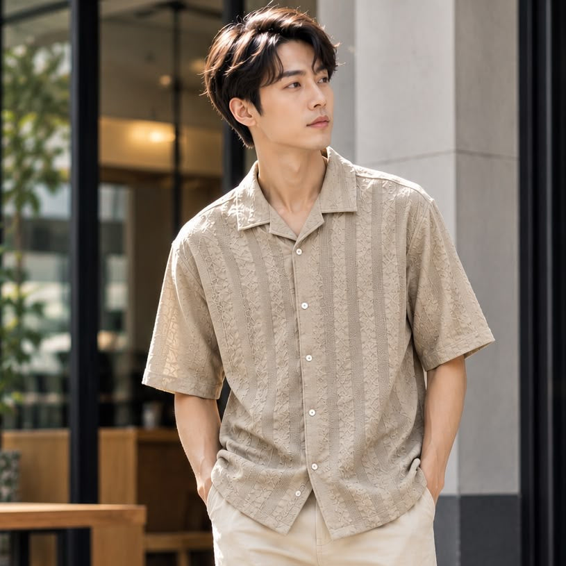 Textured Stripe Oversized Short Sleeve Shirt 4534