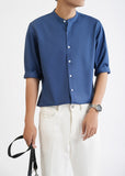Navy 3/4-Sleeve Shirt with a Mandarin Collar - Item 1058