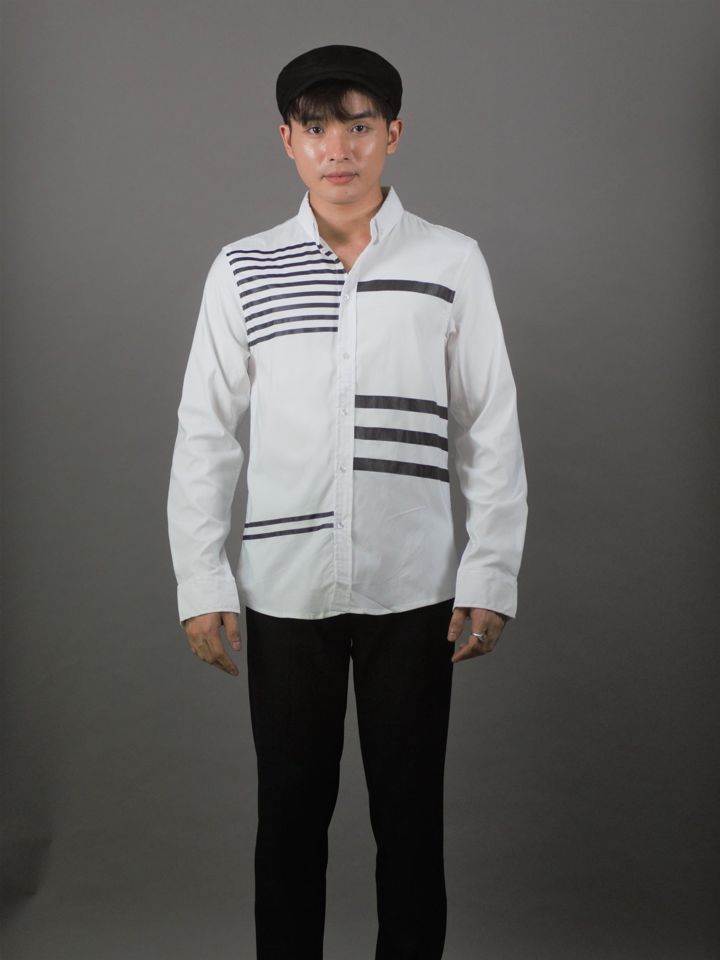 Striped Long Sleeve Shirt (White) 1641