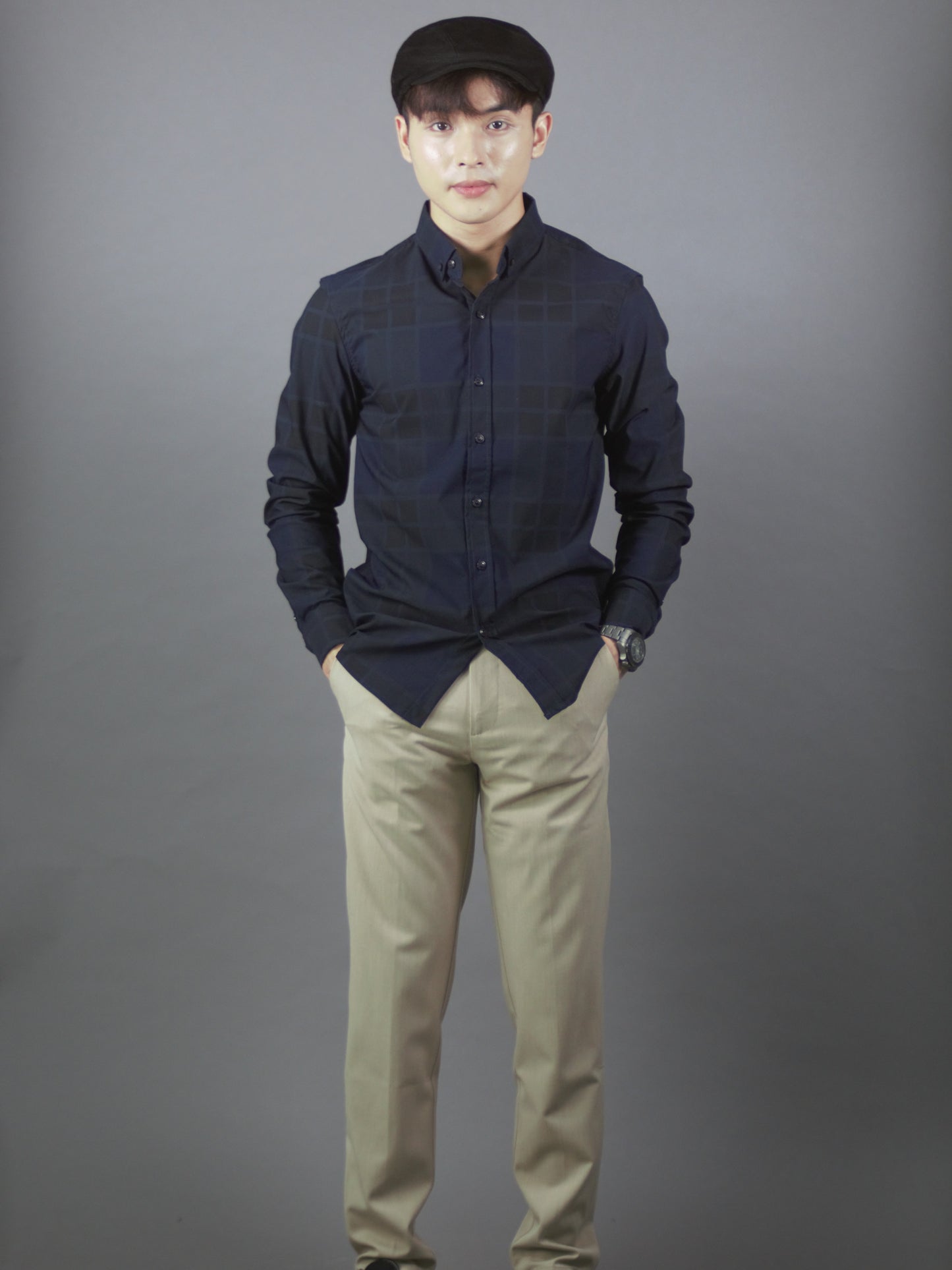 Long Sleeve Checkered Shirt (Navy) 1714