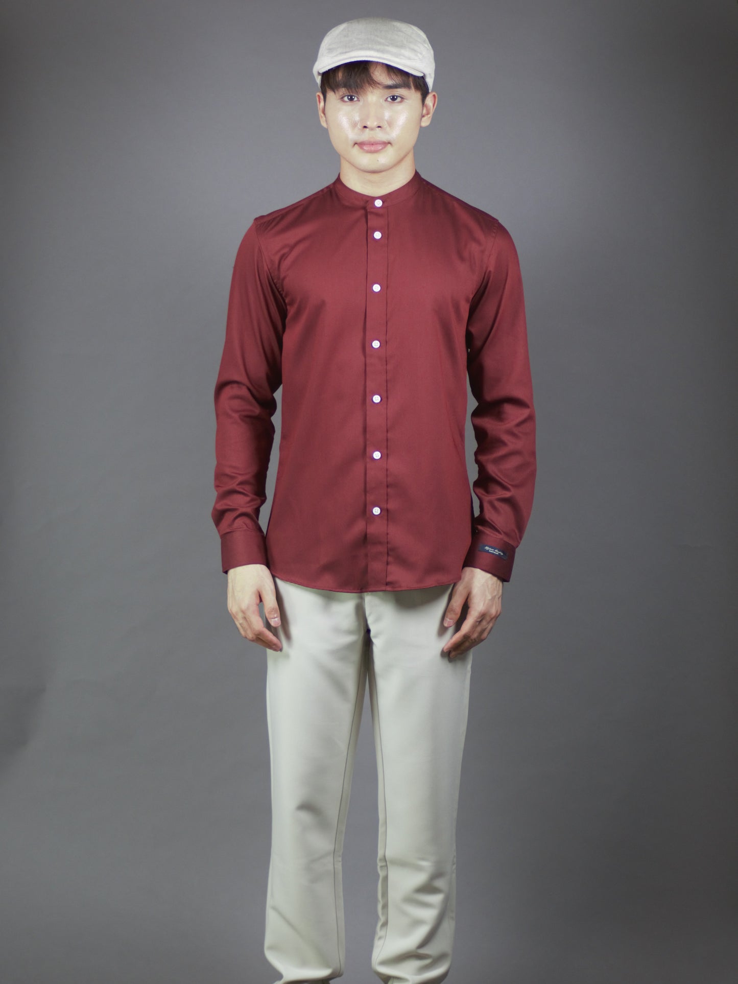 Mandarin collar Long Sleeve Plain Shirt (Maroon) 6809