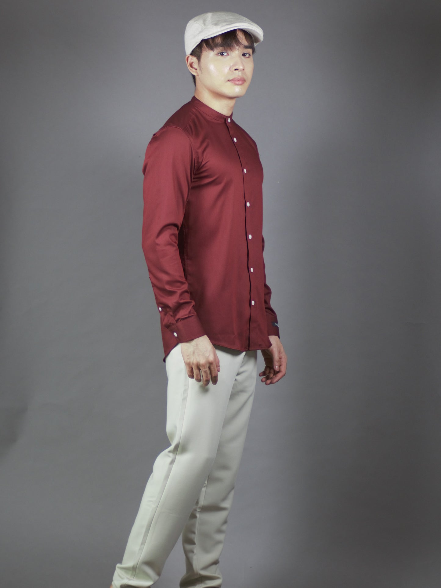 Mandarin collar Long Sleeve Plain Shirt (Maroon) 6809