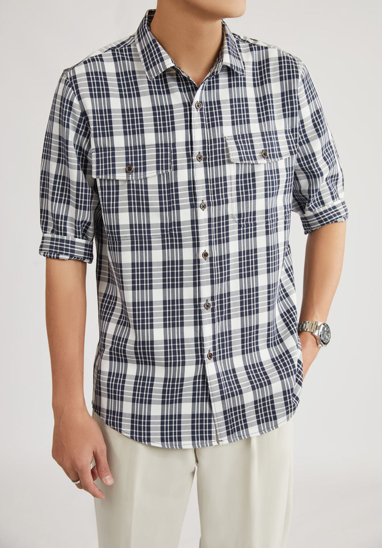 Checkered Dark Blue 3/4-sleeve shirt 1060