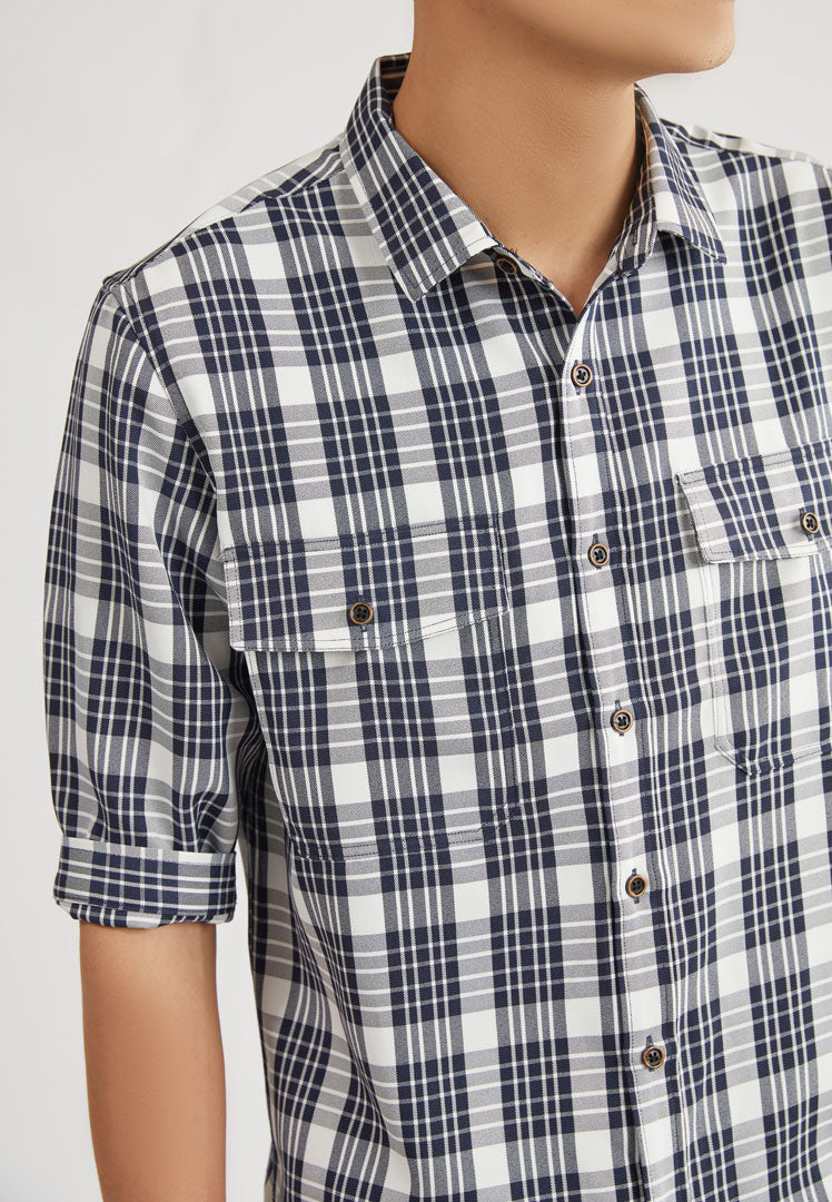 Checkered Dark Blue 3/4-sleeve shirt 1060