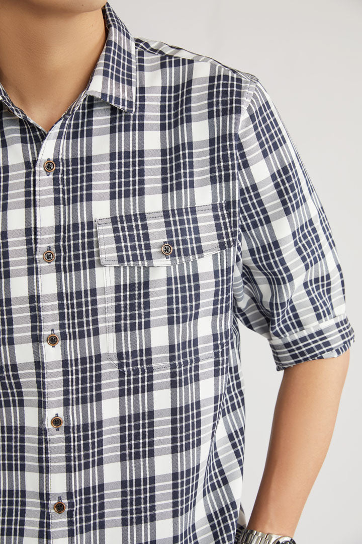 Checkered Dark Blue 3/4-sleeve shirt 1060