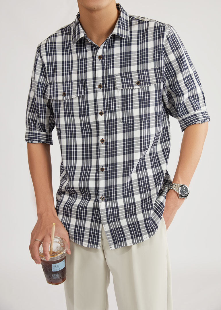 Checkered Dark Blue 3/4-sleeve shirt 1060