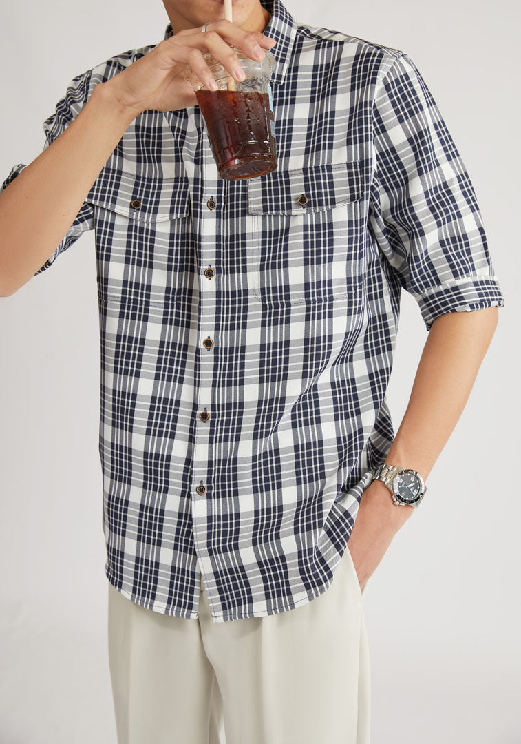 Checkered Dark Blue 3/4-sleeve shirt 1060